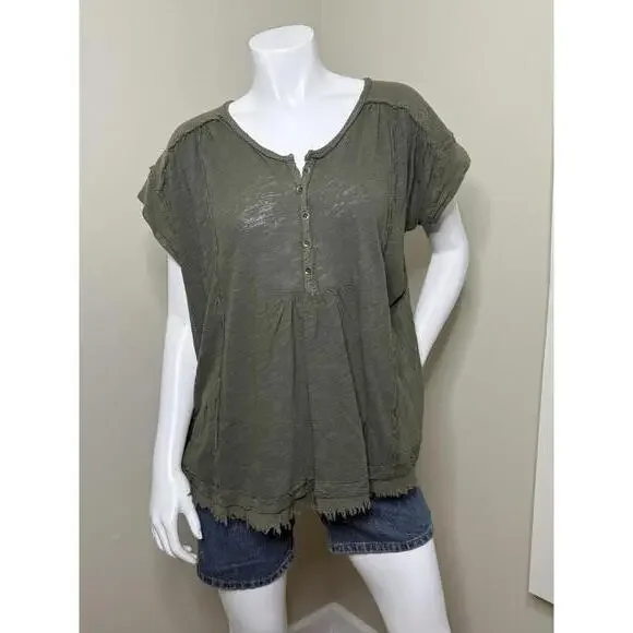 FREE PEOPLE Aster Henley Oversized Top Size Xs - Olive Green- - Picture 1 of 4